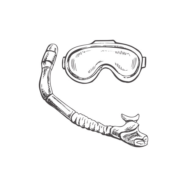 手绘草图潜水面罩和通气管，矢量海洋概念元素。白底雕刻插图。图片下载