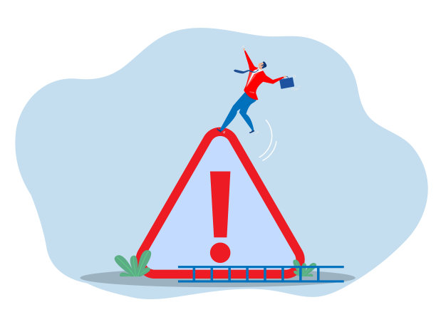 错误警示，商人风险或问题警示，失败预防或避免危险概念，谨慎商人滑倒上惊叹号提防，小心警示标志。故障矢量图图片下载