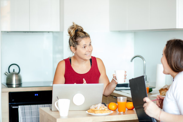 两个年轻漂亮的女人拿着笔记本电脑面对面坐着。女商人。职业女性。家庭办公，创业。图片下载