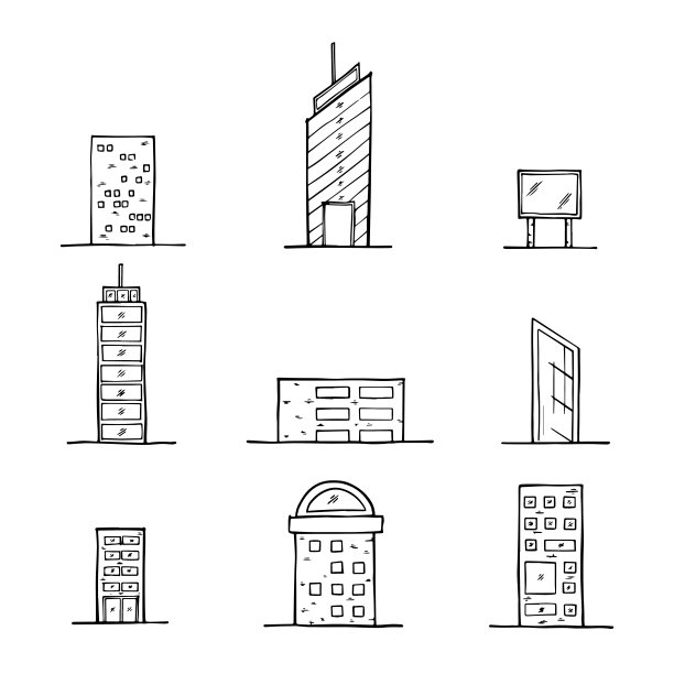 一套建筑手绘图形图标，信息图设计。图片下载