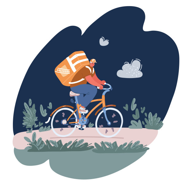 矢量卡通插图的快递员在制服与热背包在自行车上。快速运输快递送货到家。在线订单。图片下载