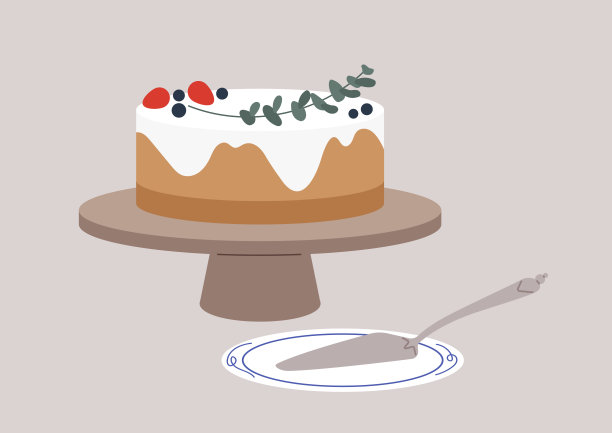 一个静物矢量，一个在架子上用浆果和植物叶子装饰的蛋糕，一个刮刀和一个瓷盘图片下载