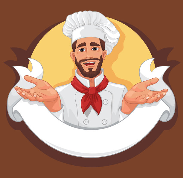 圆形标志与卡通微笑的厨师和丝带图片下载