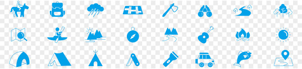 露营，国内和旅游细线网页图标集矢量插图。图片下载