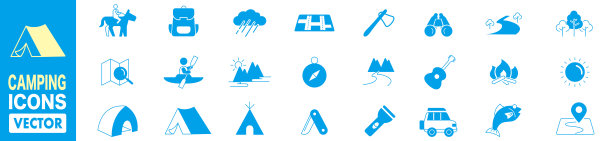 露营，国内和旅游细线网页图标集矢量插图。图片下载