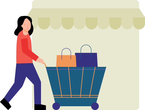 这个女孩推着一辆购物手推车。图片下载