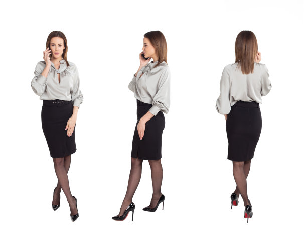 女商人打电话，正面，侧面，背面，孤立在白色图片下载