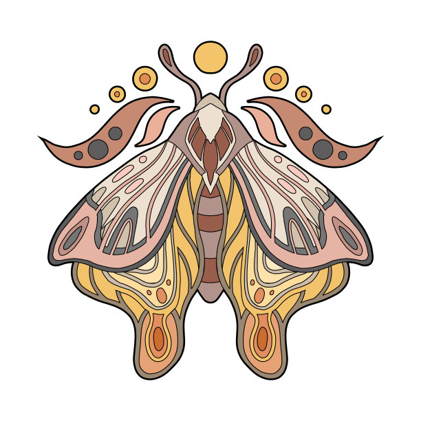 矢量神圣插图彩色轮廓蛾与月亮。彩色轮廓蝴蝶剪贴画。线条艺术的tracery图片的飞虫图片下载