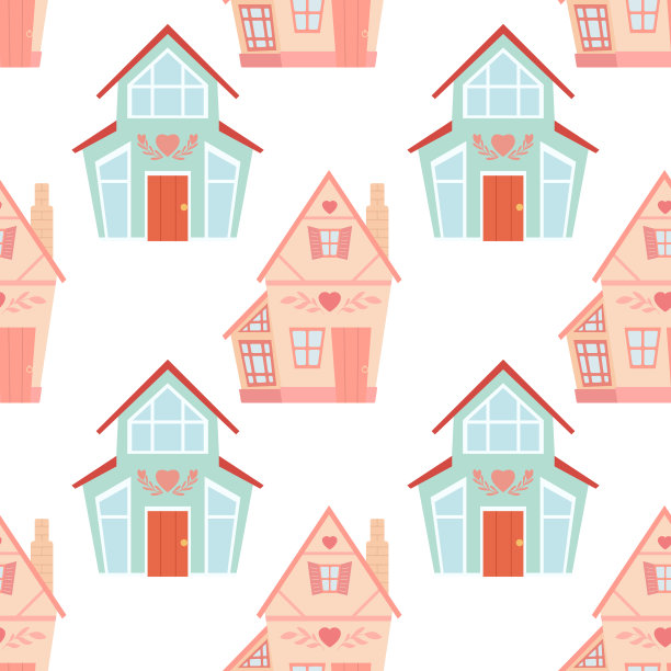 矢量无缝模式与可爱的乡村房屋在白色背景。纹理与玩具屋与可爱的装饰前视图图片下载