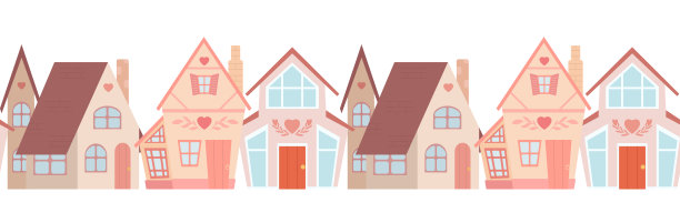 矢量无缝边界与乡村房屋在白色背景。市区住宅的水平横楣为框架的正面视图。图片下载