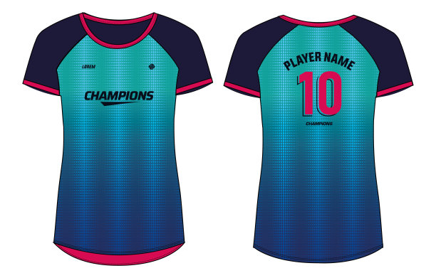 女子运动球衣t恤设计平面草图插图，半色调抽象图案圆领t恤的女孩和女子排球球衣，足球，羽毛球，足球，无板篮球。运动制服套装图片下载