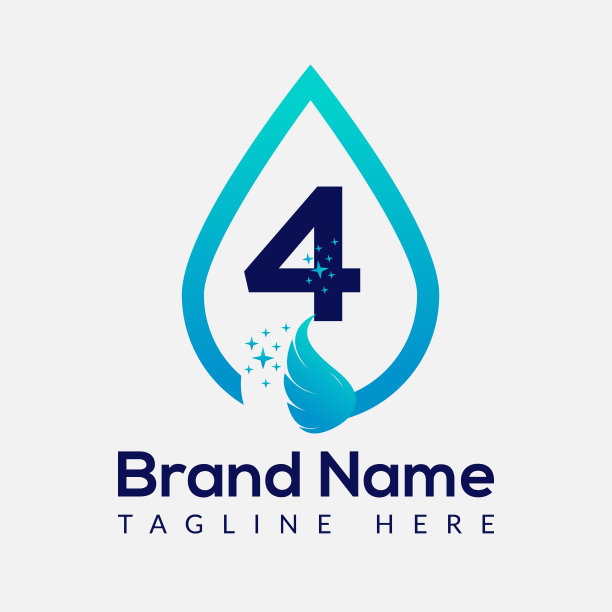字母4上的清洁标志。清洁的房子标志，新鲜的清洁标志清洁刷和水滴概念模板图片下载