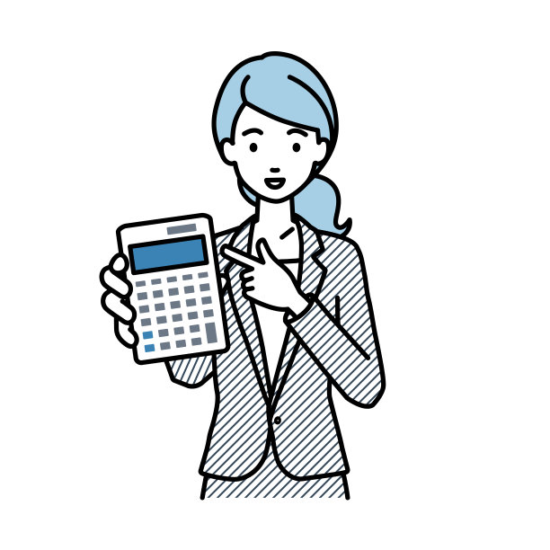 一位身着西装的女士面带微笑地推荐、提议、展示估价并指着计算器图片下载