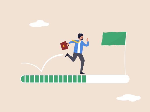 改进的概念。业务步骤或职业道路，取得成功或实现目标的进展或旅程。雄心勃勃的商人在进步条上奔跑，取得成功。平面矢量插图。图片下载