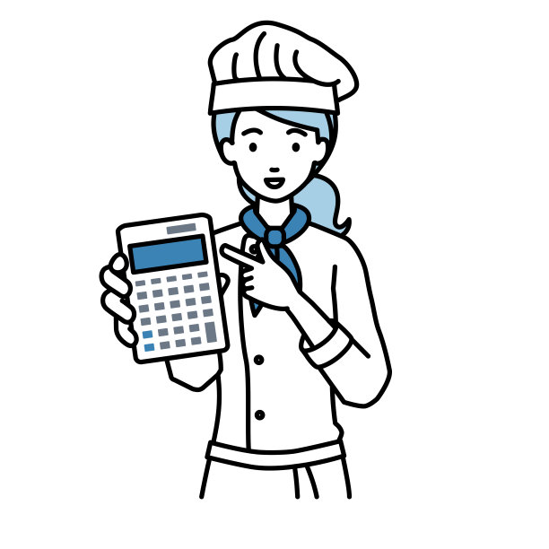 一位女厨师面带微笑地推荐、提议、展示估价并指着计算器图片下载