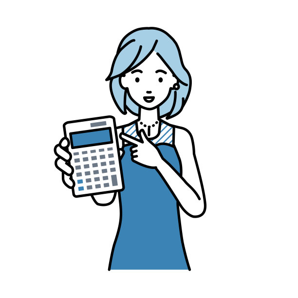 一个穿着礼服的女人面带微笑地推荐、提议、展示估价并指着计算器图片下载