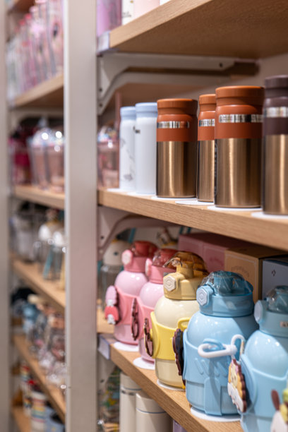 超市货架上各种各样的儿童水瓶图片下载