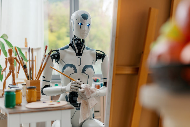 人形人工智能机器人在画布上作画图片下载