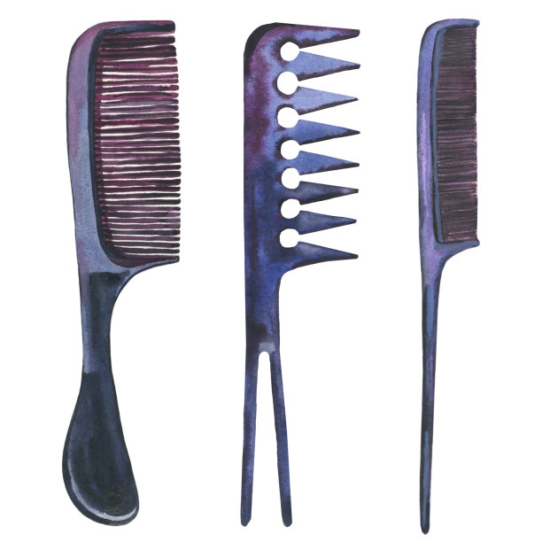 一套有长柄和长齿的黑色梳头梳。手绘水彩插图。孤立在白色背景上。图片下载