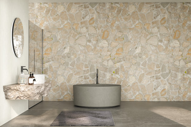 现代浴室以天然石材台面为特色，配有集成水槽，圆形镜子，淋浴房，圆形浴缸和光滑的混凝土地板。自然光，后院。三维渲染图片下载