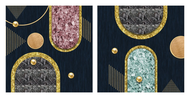 三维插图的现代墙框架帆布平面艺术。彩色大理石形状，金色的圆圈和线条，黑色背景的极简主义设计图片下载