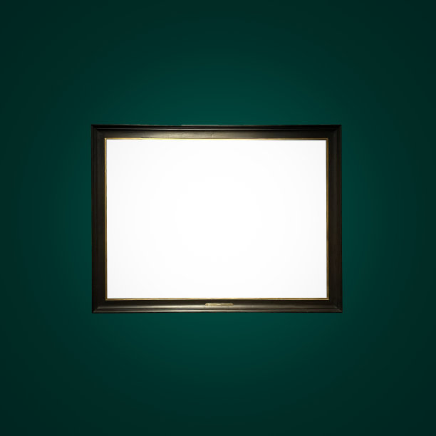 古董艺术博览会画廊框架在皇家绿色墙壁在拍卖行或博物馆展览，空白模板与空白的白色copyspace的模型设计，艺术品图片下载