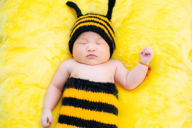 亚洲女婴穿着蜜蜂服装，婴儿穿着蜜蜂服装，新生儿穿着蜜蜂服装。新生儿概念照，图片下载