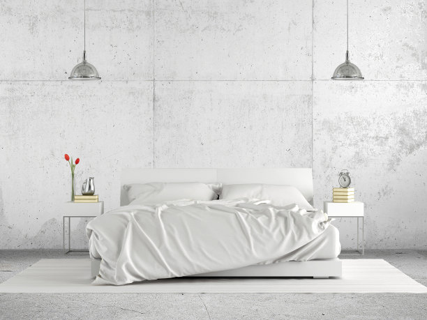 极简主义的主卧室，双人床对白色混凝土墙- 3d渲染图片下载