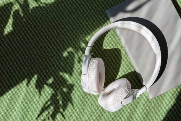 春夏放松，心境宁静，听音乐的概念，耳机和书在绿色的背景与审美花卉阳光光影，生活方式度假平躺图片下载