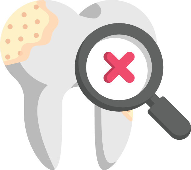 放大镜与十字标志和坏牙齿矢量彩色图标设计，牙科标志，医疗保健标志，牙科仪器库存插图，分析受损牙齿的概念图片下载