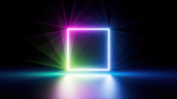 3d渲染，抽象霓虹背景与彩色方形形状，发光的光线和地板反射。极简几何壁纸图片下载