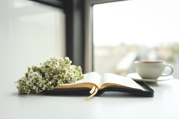 打开的《圣经》，白色背景上有花和一杯茶图片下载