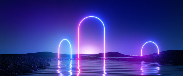 3d渲染，抽象的未来主义背景。全景的霓虹发光拱形几何形状在水中与反射，在夜空下。神奇的壁纸图片下载
