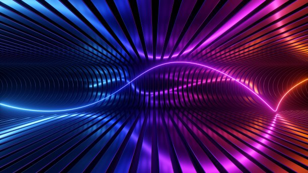 3 d渲染。抽象的未来主义霓虹灯背景。圆形的红蓝螺旋形和螺旋形，在金属条的背景下发光。紫外光谱。网络空间。图片下载