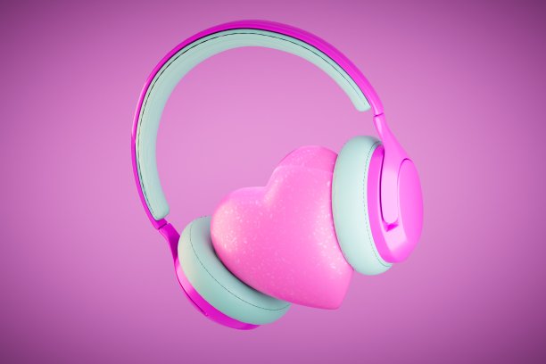 热爱音乐。耳机中间是一颗心在柔和的背景上。三维渲染图片下载