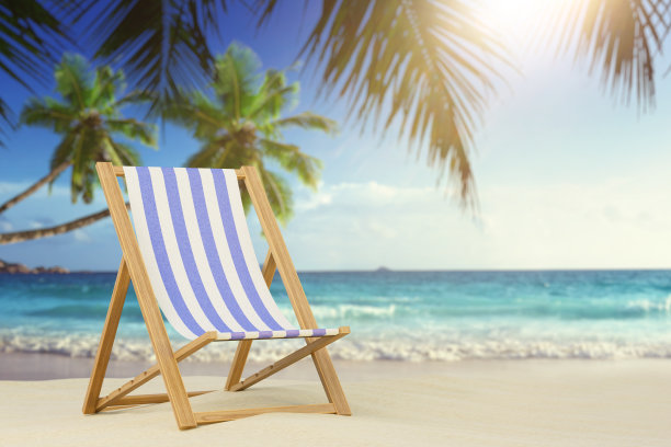 在海滩上放松的概念。躺在棕榈树间的沙滩上。三维渲染图片下载