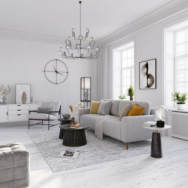 明亮的客厅内部，有窗户和现代家具。白色墙壁和硬木地板，3D渲染图片下载