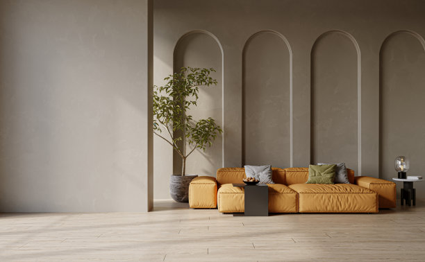 现代客厅设计室内，灰泥墙，硬木地板，舒适的家具，沙发，扶手椅。模型概念，3d渲染图片下载