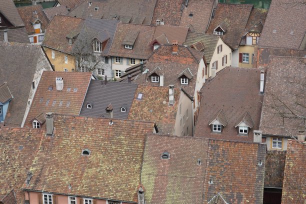 瑞士劳芬堡老城的屋顶。屋顶的瓦片是深浅不一的红色和棕色。图片下载