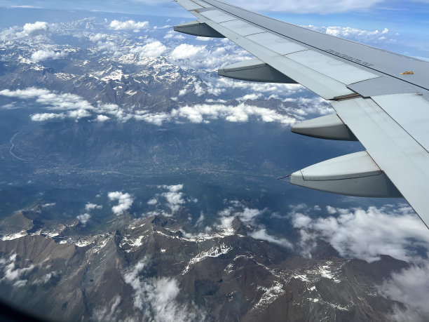 飞机的机翼飞过积雪覆盖的山头图片下载