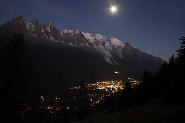 月光下的勃朗峰和夏蒙尼。图片下载