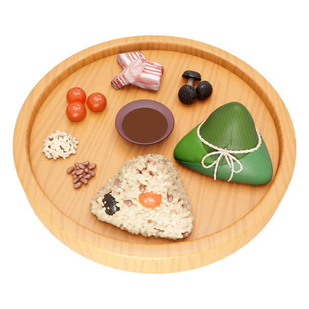3D渲染端午节传统食品粽子与食材，隔离在白色背景上图片下载