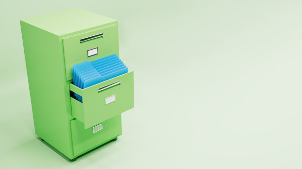 绿色的三抽屉文件柜，蓝色的文件夹，孤立的元素，3d渲染图片下载