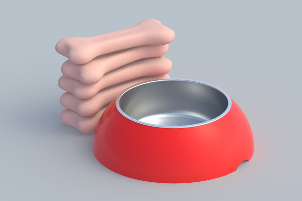 碗旁堆放着干狗粮。狗照顾。适当的动物营养概念。宠物食品。给小狗吃的脆骨。三维渲染图片下载
