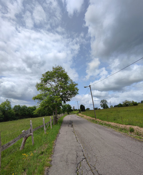 一条穿过绿色草地的道路的照片图片下载