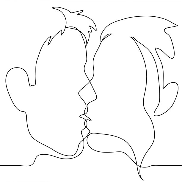 一个男人和一个女人的吻。年轻男女的侧面肖像。一个连续的线条画出接吻和异性恋的概念图片下载