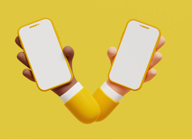 3D两只不同的手拿着手机，黑屏进行推广。没有复制空间的智能手机。营销时间横幅模板黄色背景，3d插图图片下载