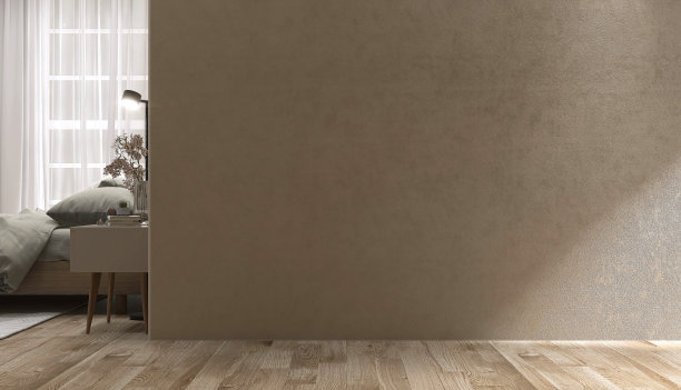 空白的米黄色墙壁在现代，豪华卧室在阳光从百叶窗，木床，灰色毯子，枕头，床头柜在拼花地板上图片下载