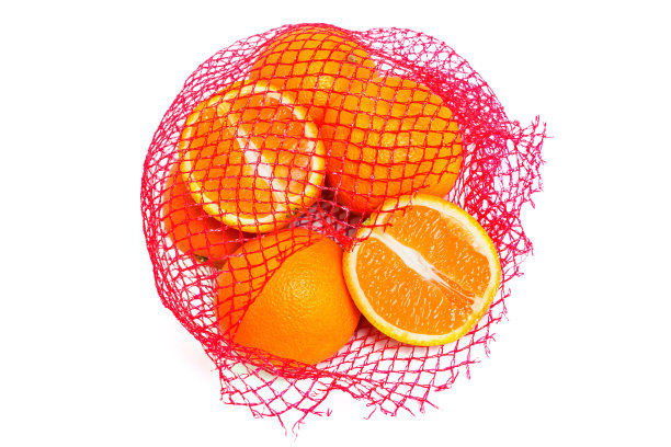红色网眼袋装完整及切片橙子图片下载