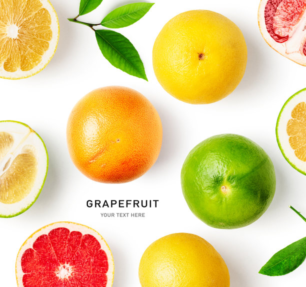 葡萄柚柑橘类水果的创意布局孤立在白色的背景图片下载